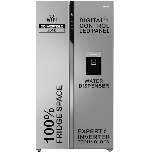 Haier 596 L 3 Star Frost Free Expert Inverter Smart Sense AI enabled 2-Door Side by Side Refrigerator (HRS-682SWDU1, Shiny Silver, Magic Convertible, In-built Water Dispenser