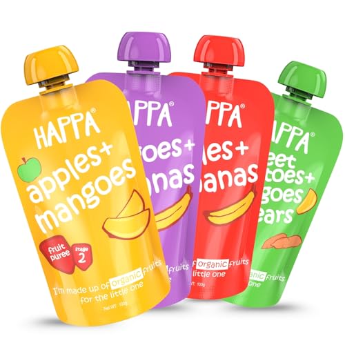 Happa Organic Baby Food Puree Travel Combo | 100% Fruits and Vegetables | No Added Sugar, No Milk Powder, No Preservatives | Stage 2 (6 Months+) | Ready to Eat | Free from Common Allergens | Pack of 4 (100g Each)