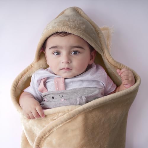 haus & kinder Fur Hooded Blanket for Newborns (0-6 Months), 450 GSM, Super Soft & Warm, 75x75 cm, Brown 1 Piece