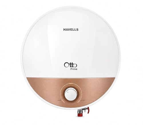 Havells Otto Prime 15 Litre Storage Water Heater (Geyser) | Incoloy Glass Coated Heating Element | Feroglas Tank | Shock Safe Plug | LED Indicator | White & Champagne Gold