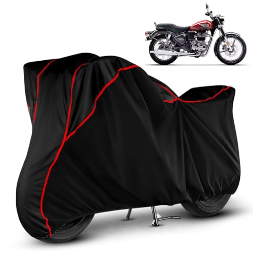 Heavy Duty Waterproof Bike Cover for Royal Enfield Bullet 350 | All Weather Protection from Rain, Dust, Sun & Scratches | Universal Fit For All Bike & Scooty | Black Red Piping | Bullet 350 Bike Cover