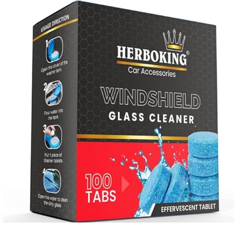 Herboking Windshield Washer Fluid Tablets for Car – Effervescent Glass Cleaner Tablets, Streak-Free Shine, Removes Dirt, Oil & Bugs, Quick Dissolve, Car Windshield Cleaning Solution (Pack of 100)