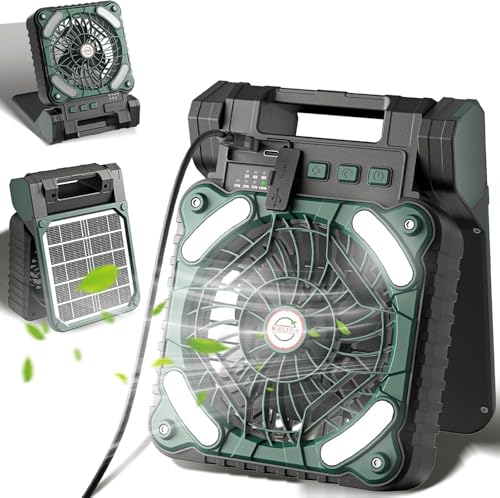 Hetzon Sales Heavy Duty Solar Rechargeable Fan with Integrated LED Light, High Speed Cooling Fan, USB Charging Support, Strong Body with Handle Stand - (Multicolor)