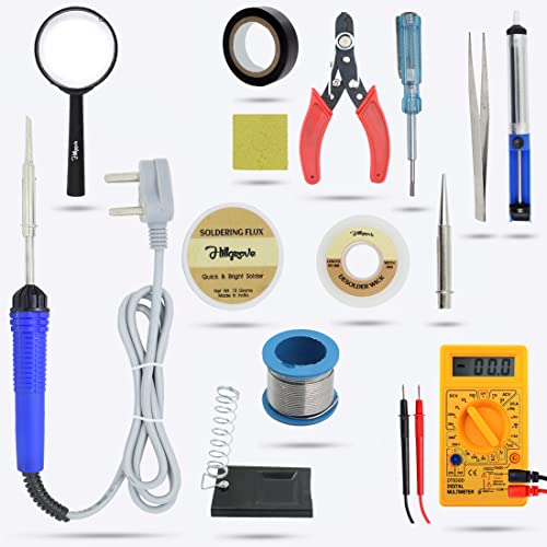 Hillgrove HGCM423M1 Electronic 14in1 Mobile Soldering Iron Equipment Tool Machine Combo Kit Set with Digital Multimeter 25 W Simple (Flat Tip)