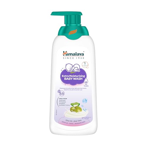 Himalaya Extra Moisturizing Baby Wash 400ml with Olive Oil, Aloevera, Milk | pH 5.5 | No.1 Doctor Recommended Brand | 100% Soap Free Cleanser for Dry Skin | Moisturized & Soft Skin | Tear Free