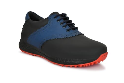 HITCARO Men's Proffessional Black/Blue Leather Golf Shoes | Lace-Up | Waterproof | Comfortable | Breathable | 6 Month Manufacturing Warranty