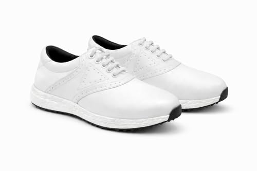 HITCARO Men's Proffessional Leather Golf Shoes | Lace-Up | Waterproof | Comfortable | Breathable | 6 Month Manufacturing Warranty (Full White, UK Footwear Size System, Adult, Men, Numeric, Medium, 9)