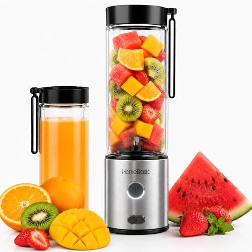 HOMEBASIC Portable Blender for Smoothies & Juices, 450ml Borosilicate Glass Jar, 126W 16500 RPM Motor, 4000mAh USB-C Rechargeable, 6 SS Blades, Personal Blender for Travel Gym Office (R200)