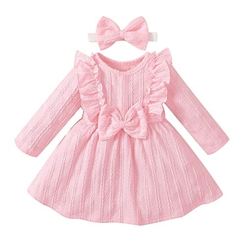 Hopscotch Girls Bow Applique Full-Sleeve Casual Dress with Headband In Pink Color for Ages 12-18 Months