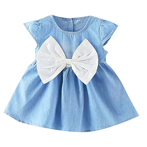 Hopscotch Girls Denim Knee-Length Casual Dress with Oversized Bow in Blue Color for Ages 6-9 Months