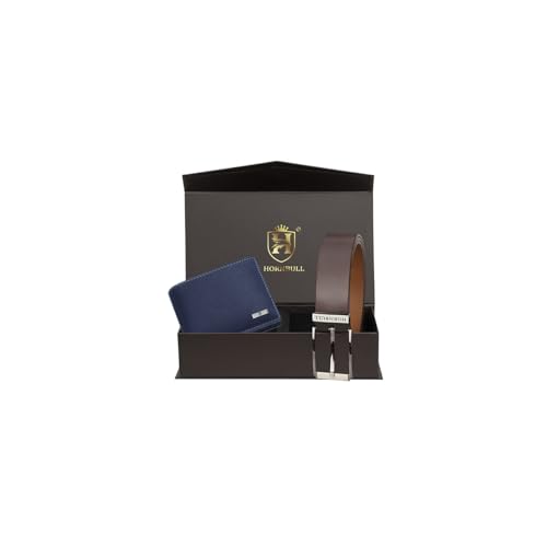 HORNBULL Men's Navy Wallet and Brown Belt Combo - Gift Set for Men BW45119