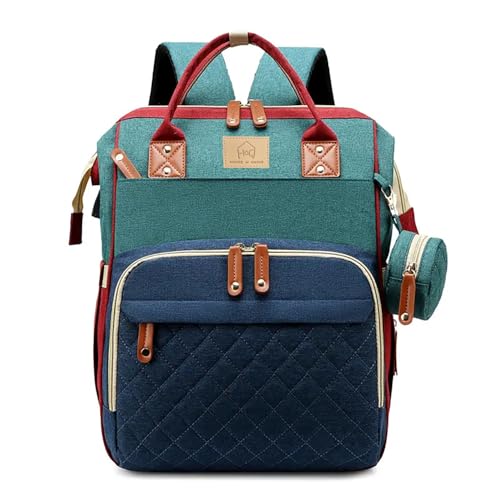 House of Quirk Quilted Maternity Backpack for Mom & Dad, Unisex Large Diaper Bag for Travel with Pacifier Case, Waterproof Baby Nappy Bag (Green/Blue)