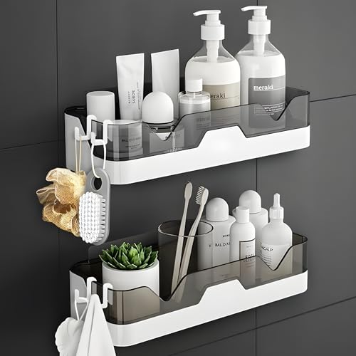 House of VIPA Wall Mounted Bathroom Shelf Organizer | 2 Tier Plastic Bathroom Rack with 4 Hooks | No Drill Adhesive Bathroom Accessories for Shampoo, Soap & Toiletries