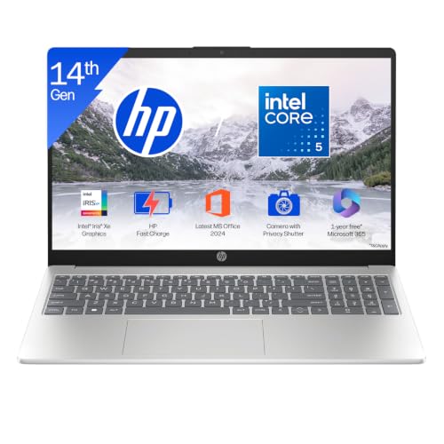HP 15 (i5 14th Gen), Intel Core 5, 16GB RAM (Upgradeable), 512GB SSD, FHD, Anti-Glare, 15.6''/39.6cm, Win11, M365 Basic(1yr), Office24, Silver,1.59kg, fd0682tu, FHD Camera w/Shutter, Backlit Laptop