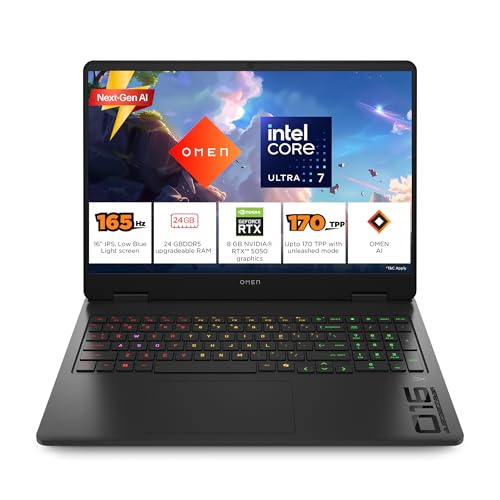 HP Omen, Intel Core Ultra 7 255H, 8GB RTX 5050, 24GB DDR5(Upgradeable) 1TB SSD, 2K, 165Hz, 3ms Response time, IPS, 16''/40.6cm, Win11, M365*Office24, Shadow Black, 2.43kg, am0240tx, RGB Gaming Laptop