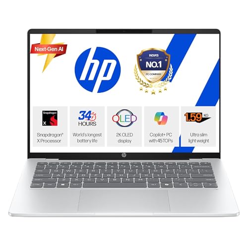 HP Smartchoice Omnibook 5 OLED (Previously Pavilion), Snapdragon X Processor (16GB LPDDR5x,1TB SSD) 2K OLED,16''/40.6cm, Win11, M365(1yr)*Office24, Glacier Silver, 1.59kg, fb0001QU,Next-Gen AI Laptop