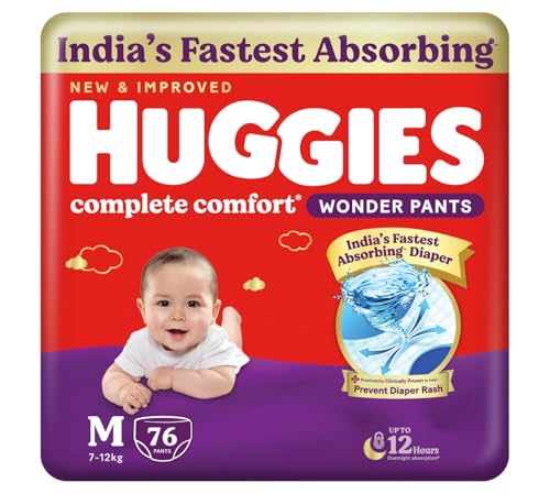 Huggies Complete Comfort Wonder Pants | Pant Style Baby Diapers Medium Size (M), 76 Count | India's Fastest Absorbing Diaper, Prevents Diaper Rash, Ideal for 7 to 12 Kgs