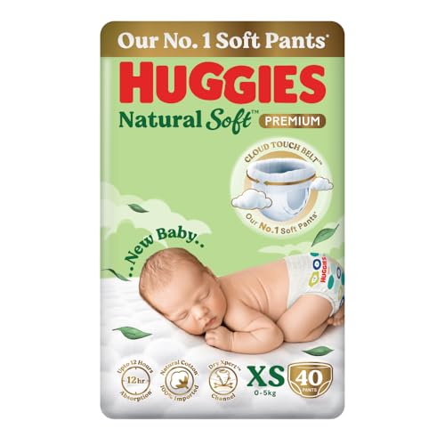Huggies Natural Soft Premium Baby Diaper Pants, Our No.1 Soft Pants, New Born/Extra Small (XS) Size (0-5 Kgs), Pack of 40 | Cloud Softness All over with India's 1st Cloud Touch BeltTM