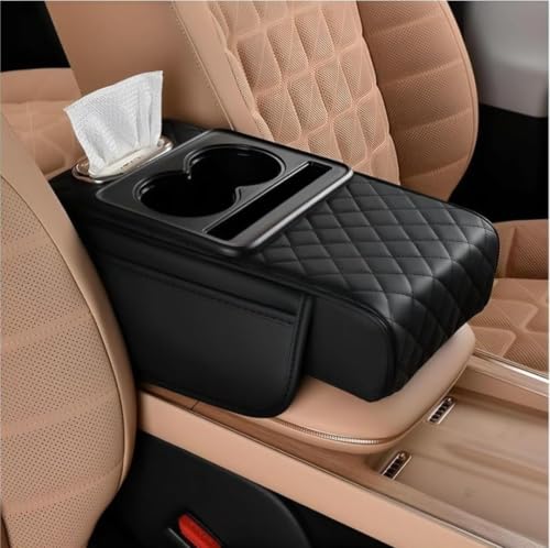 HUNDRED TREDERS 5 in 1 Center Console Cover with Cup Holder, Universal fit for all Car Armrest Cushion, Tissue Box Slot, Mobile Phone Storage Slot, Car Accessories Interior Organizers