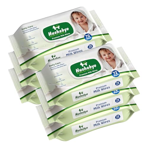Hushabye Premium Milk Baby Wipes with lid- 0+ Months, pH balanced, Paraben & Alcohol Free, Moisturising & Thick Wipes with purified Water, Gentle & soothing, 432pcs, Pack of 6