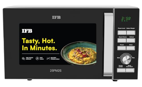 IFB 25L Solo Microwave Oven with 61 Auto Cook Menus (25PM2S, Silver, Easy to use Jog dial & Buttons, Mug Recipes, Steam Clean, Auto Reheat, Preset Timer, Power Save, Multi-Stage Cooking)