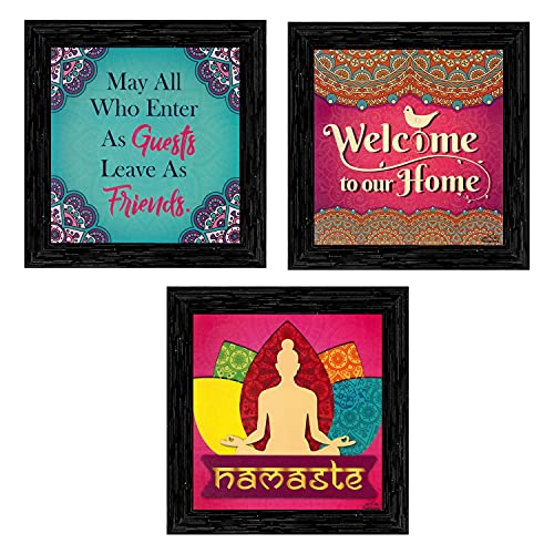 Indianara 3 Piece Set of Framed Wall Hanging Welcome Home Decor Art (1519) Prints 8.7 inch X 8.7 inch Without Glass (9.5 inch x 9.5 inch, Black)