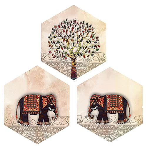 Indianara Hexagon Pieces MDF Painting without glass (Multicolour, Medium, 17 inch x 17 inch, Set of 3) (MC10)