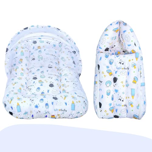 Infans Mini Cotton Baby Bedding Set for New Born Baby Sleeping Bag, Mosquito Net Bed Suitable Upto 6 Months Babies (Panda Blue), 500 TC