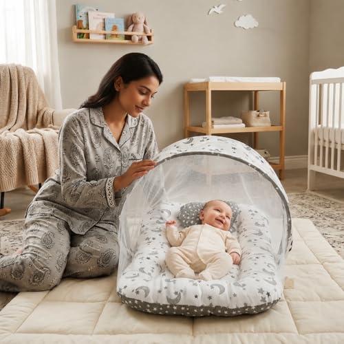 Infantbond Baby's Cotton Super Soft Bed Mattress with Net Bedding Set (Star & Moon Grey, 0-6 Months)
