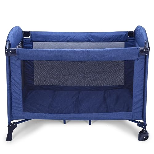 Infanto Portable Baby Playpen Cum Cot with Travel Bag | Easy Fold Compact Design | 2 in 1 Functionality Crib | Double Layer Pad | Breathable Mesh Baby Bedside Crib with Playpen for Babies | Blue