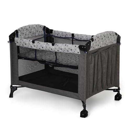 Infanto Portable Baby Playpen Cum Cot with Travel Bag | Easy Fold Compact Design | 2 in 1 Functionality Crib | Double Layer Pad | Breathable Mesh Baby Bedside Crib with Playpen for Babies | Grey