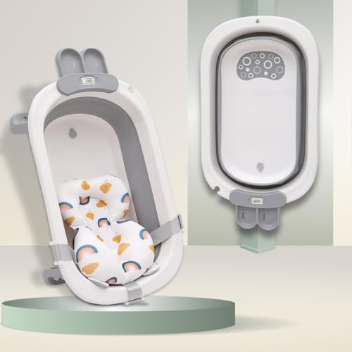 Infantso Premium Bath Tub Foldable for Baby 0-5 Years with Smart Temperature Meter Bath tub with Cushion, Space Saving Design, Newborn Baby Folding Bathing Tub for Girls&Boys with Soap Tray, Easy to Store