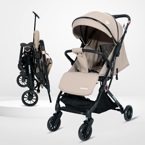Infantso RIDE-X Auto-Fold Baby Stroller / Pram for Baby with 5 Point Safety Harness, Multi Level seat Recline & Spacious Cushioned seat, One-Hand Fold and 360° Rotating Wheels, Travel Friendly, Extendable Canopy, Adjustable Footrest, Shock Absorption Wheels, Lightweight Stroller for 0 to 3 Years (Beige)