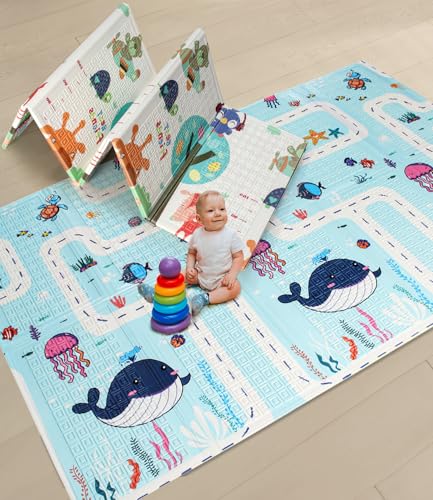 Intelliskills Premium Extra Large Reversible Play Mat for Babies,Learning&Crawling Foldable Baby Mat for Floor,Non-Toxic&Anti-Skid Play Mat,Waterproof,6.5x4.5 ft,0.6cm Thick(Jungle Animals&Ocean Life)