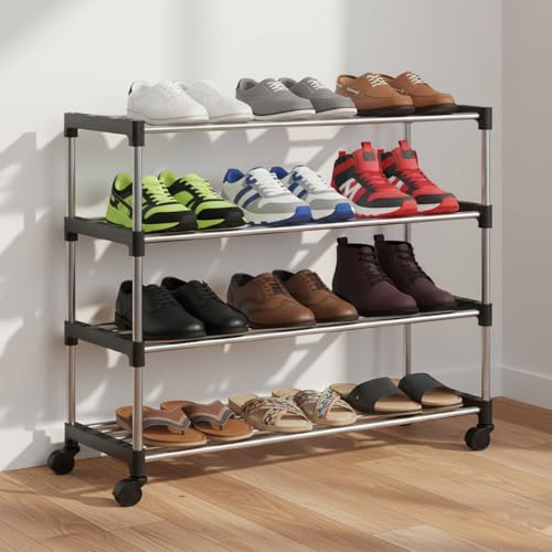 JD FRESH Stainless Steel Shoe Rack/Shoe Stand With Wheel/Movable Shoe Rack For Home/Multi-Purpose Footwear Stand/Books/Newspaper/Plants 4 Tier (Silver And Black),Shoes