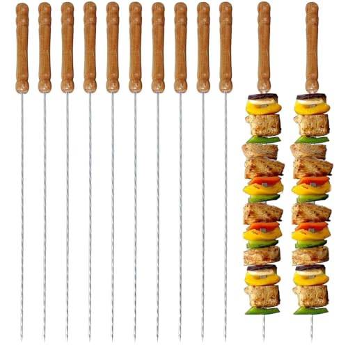 Jehilk Sales Stainless Steel Barbeque Skewers Set of 12 | Reusable BBQ Grill Sticks with Wooden Handle | Metal Kabab Skewers for Tandoor, Barbecue, Grilling, Camping & Outdoor Cooking
