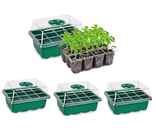 JERN Seed Starter Tray Seedling Starter Kits, Plant Starter Kit with Humidity Domes and Base Indoor Greenhouse Mini Propagator Station for Seeds Growing Starting (12 Cells per Tray) (Pack of 4)