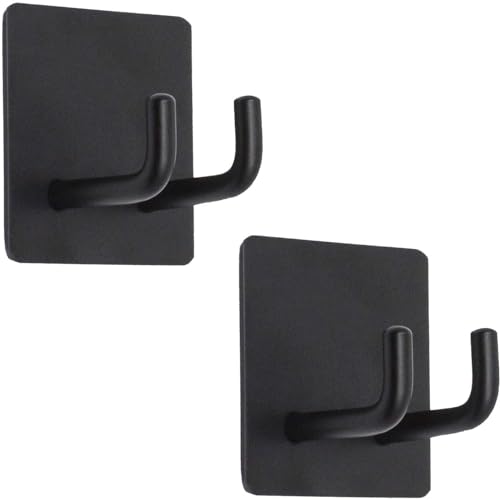 JIALTO 2 pcs Self-Adhesive Stainless Steel Hooks: Heavy-Duty Wall Hangings, Waterproof & Drill-Free - Strong Towel, Coat, and Kitchen Hooks for Bathroom and Kitchen (Double Hook Black)