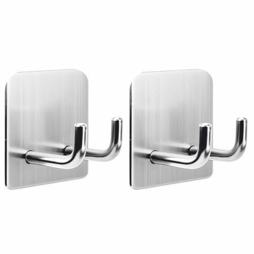 JIALTO 2 pcs Self-Adhesive Waterproof Stainless Steel Hooks: Heavy-Duty Wall Hangers for Bathroom & Kitchen - No Drill Needed, Strong Hold for Coats and Towels (Double J Hook Silver)