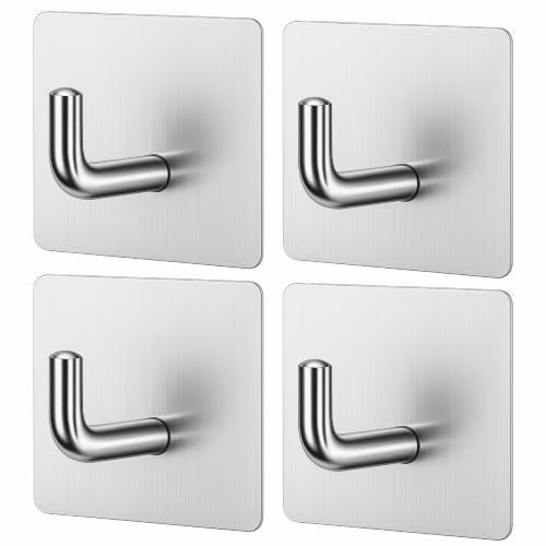 JIALTO 4 Pcs Self Adhesive Hooks/Wall Hangings Hook/Stainless Steel Hooks for Wall Without Drilling Heavy Duty Bathroom Kitchen Towel Wall Hooks for Hanging Strong Coat (J Hook Silver)
