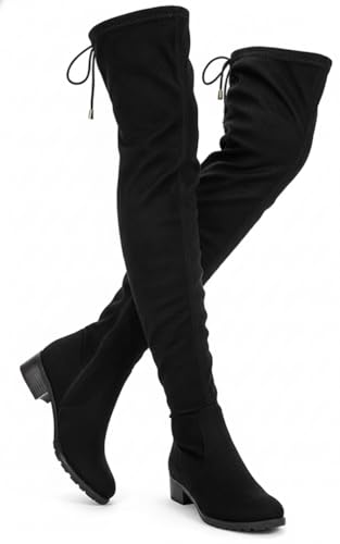 JM LOOKS Women's Over The Knee High Boots Suede Thigh High Boot Flat Heels Opening Shoes with Loop Black
