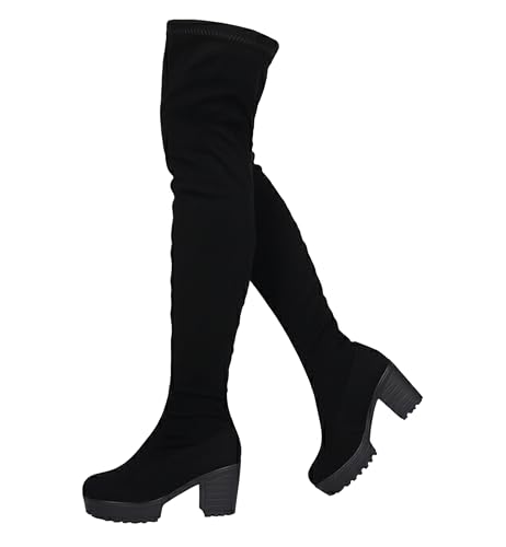 JM LOOKS Womens Knee High Boots Round Toe Chunky Block Heels Suede Fashion Booties Black