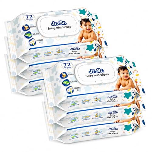 Jr. Sr. Baby Wipes With Lid | 72 Wipes x Pack of 6, 432 Wipes | Safe & Moist Wet Wipes for Babies | Prevents Rashes & Redness with Goodness of Aloe Vera, Vitamin E & Chamomile Oil | No Paraben & No Alcohol