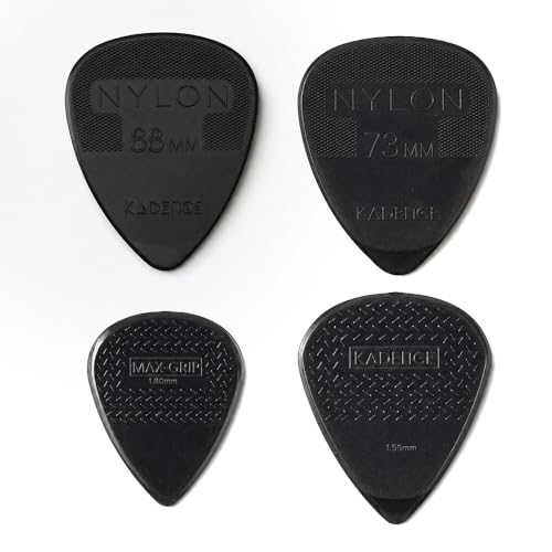 Kadence NG4 Jamming Series Nylon Guitar Picks (Pack of 4) | 0.73, 0.88, 1.55 & 1.80mm Plectrums | Anti-Slip Grip for Precision Control | For Acoustic, Electric & Bass Guitars | Black