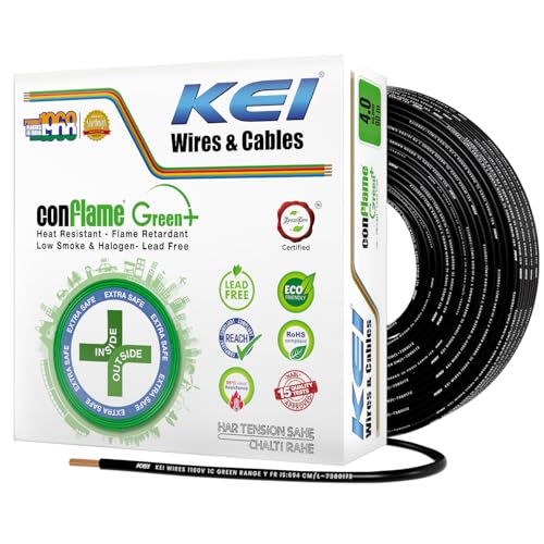KEI CONFLAME GREEN PLUS 4 sqmm 1 Core, 99.97% Pure Copper Conductor,Flame Retardant Low Smoke & Halogen - Lead Less Insulation House Wire for Domestic & Industrial Electrical Wiring (Black, 90 Meters)