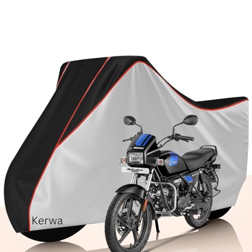 Kerwa Waterproof Bike Cover for Hero Splendor Plus Xtec All-Weather Proof Triple-Stitched Durable Design Windproof Buckle Strap Elastic Bottom Black & Silver Color Combination UV & Dust Protection