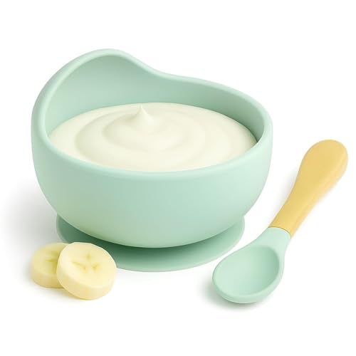 KESI ORNAMENTS Green Silicone Suction Baby Feeding Bowl with Spoon,Infant Toddler Feeding Set,Strong Non Slip Base Baby Bowl,Soft Tip Baby Spoon for Self Feeding,Baby Led Weaning Essentials for Babies