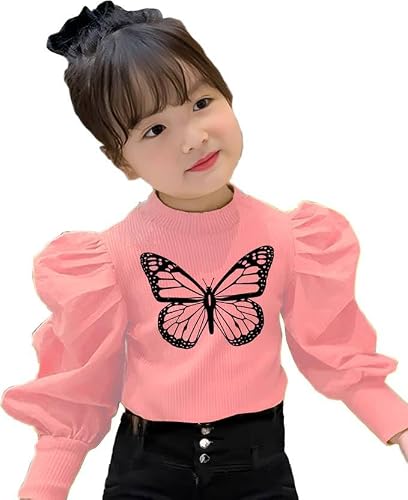 Kf Deals Girls' kf Butterfly Full Sleeve Puff Top Pink