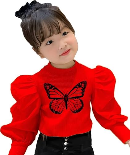 Kf Deals Girls' kf Butterfly Full Sleeve Puff Top Red
