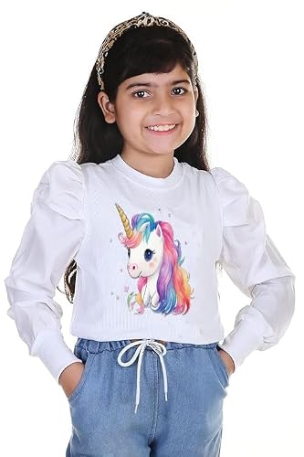 Kf Deals Girls' Unicon Printed Full Sleeve Puff Top White